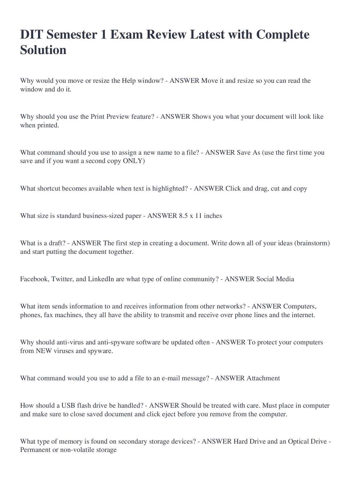 Preview image for DIT Semester 1 Exam Revie Latest with Complete Solution